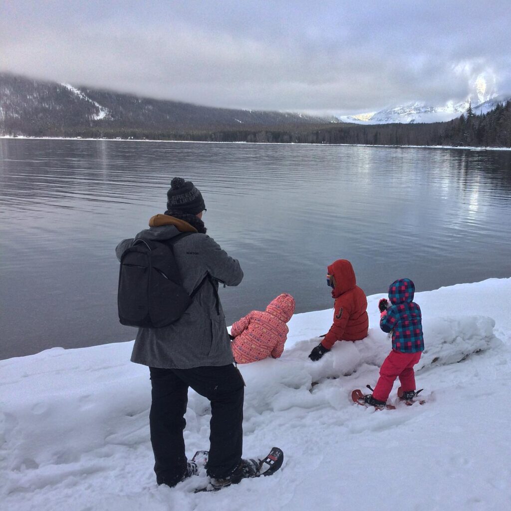 family snowshoe tour in glacier national park 