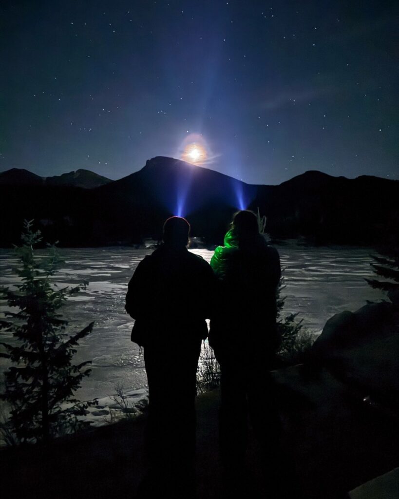 moonlight snowshoeing tour in rocky mountain national park