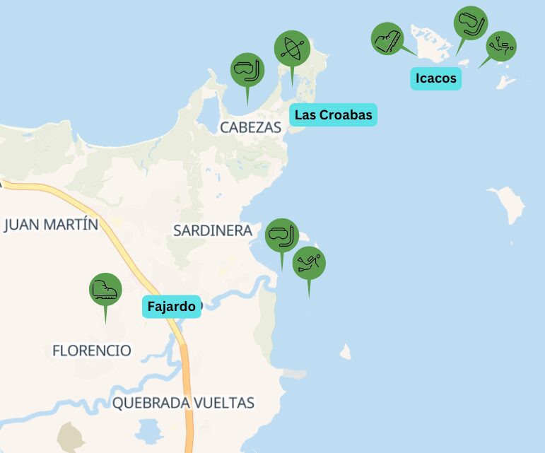 Close up map with icons of popular activities in Fajardo, Icacos, and Las Croabas.