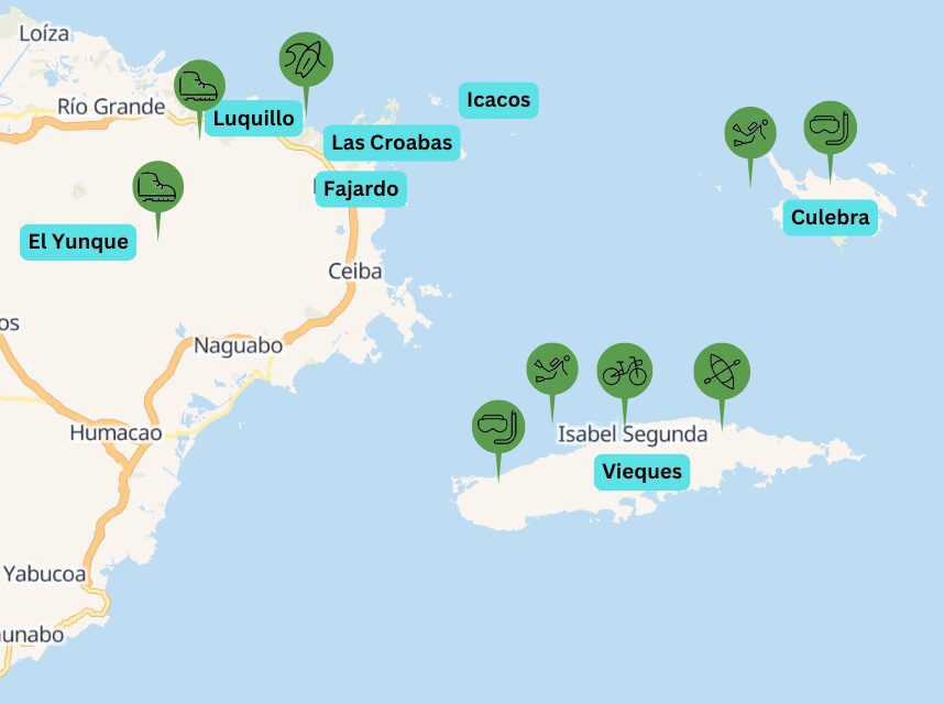 Map of best things to do on Puerto Rico's East Coast, with icons of popular activities for Puerto Rico's East Coast and islands–Vieques and Culebra.