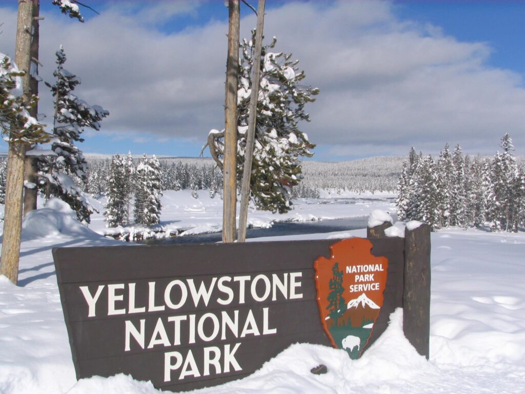 Yellowstone National Park enterance covered in snow