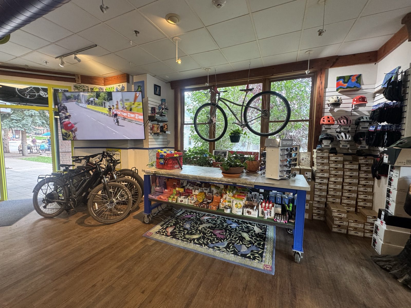 Inside Telluride Cyclery bike shop with a bike hanging in the window