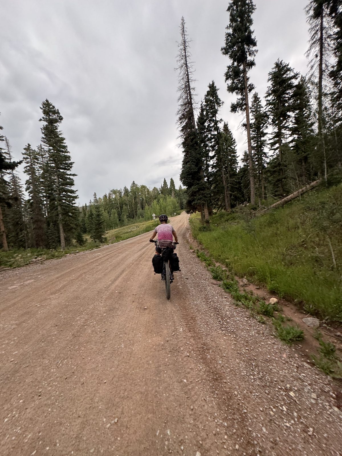 Cyclist riding away on a gravel road beneath a moody overcast sky in the Colorado high country