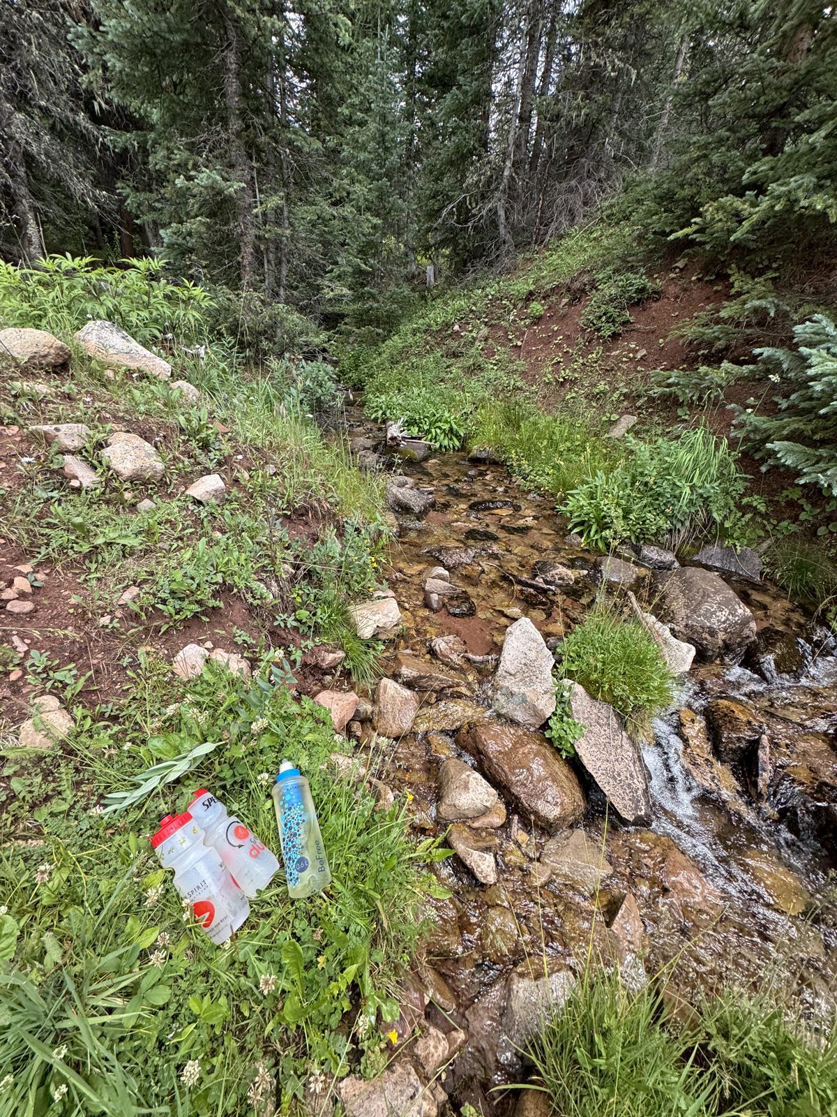 Water bottles and a Katadyn BeFree filter beside a mountain creek during a bikepacking trip
